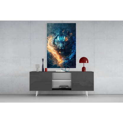 Fierce tiger glass wall art with glowing blue orange flames