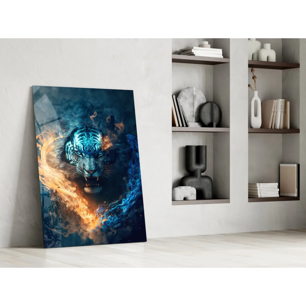 Fierce tiger glass wall art with glowing blue and orange flames