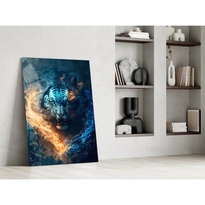 Fierce tiger glass wall art with glowing blue and orange flames