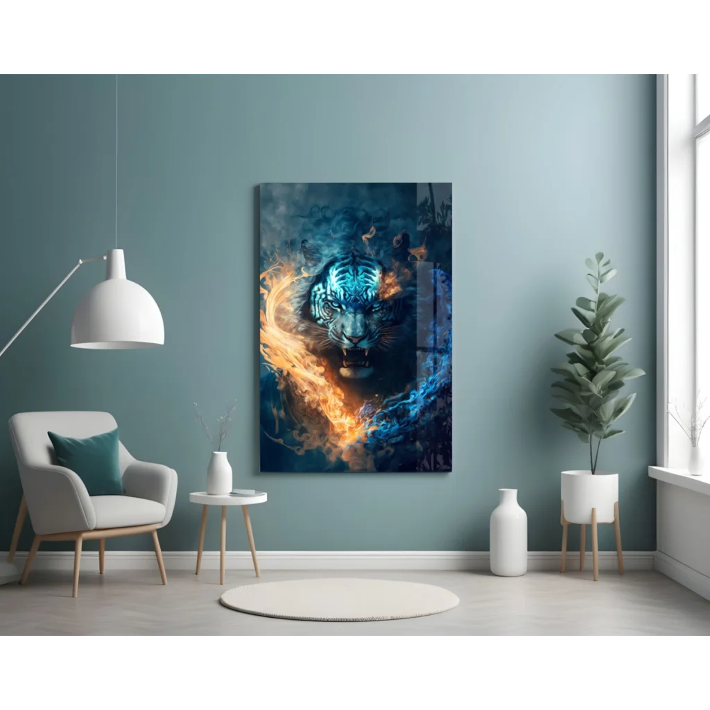 Fierce tiger glass wall art with glowing blue orange flames