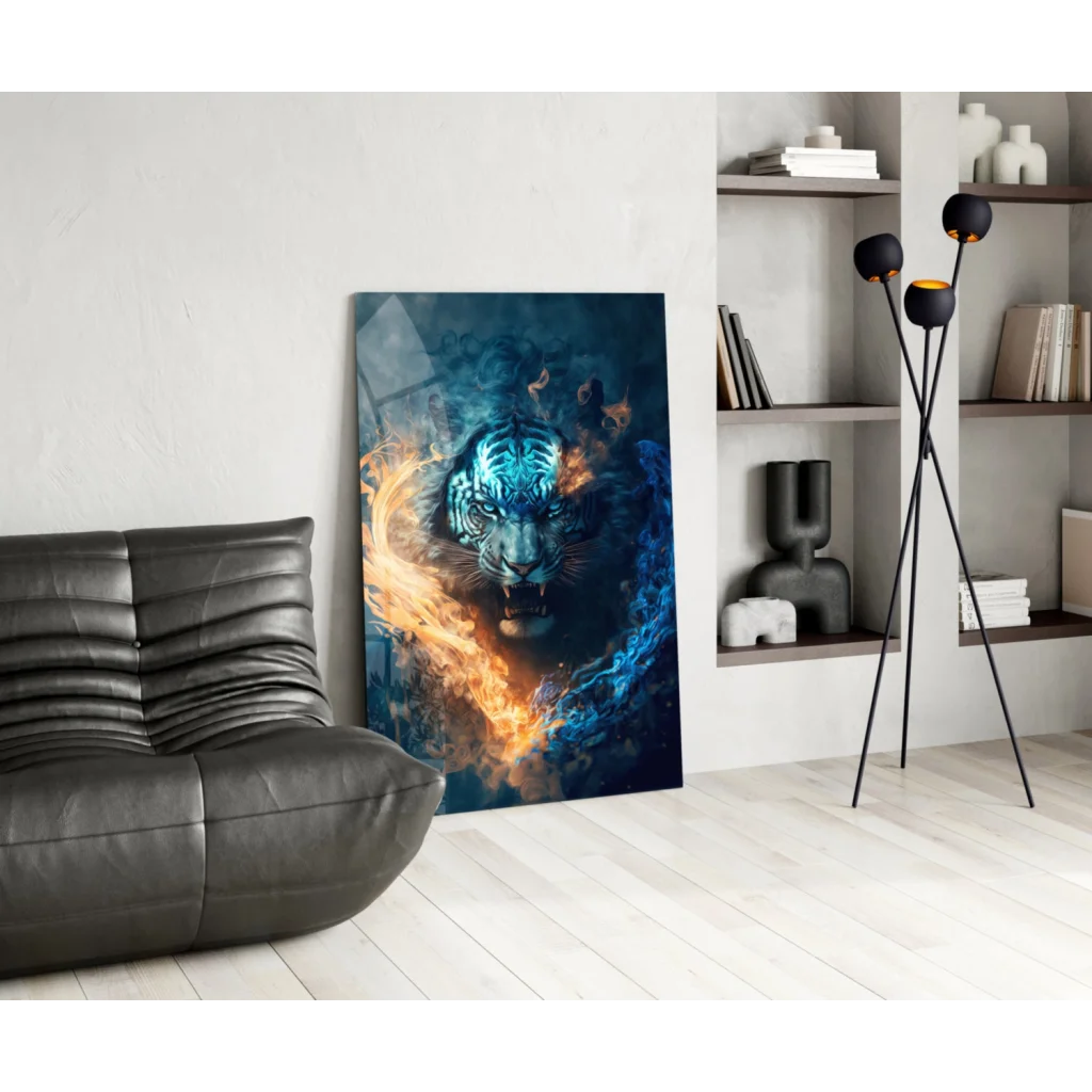 Fierce tiger glass wall art with blue and orange flames