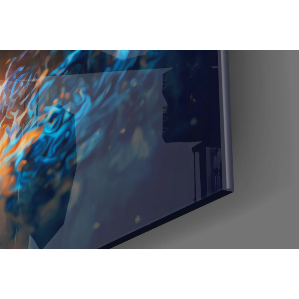 Sleek TV showing Fierce Tiger glass wall art with blue orange flames