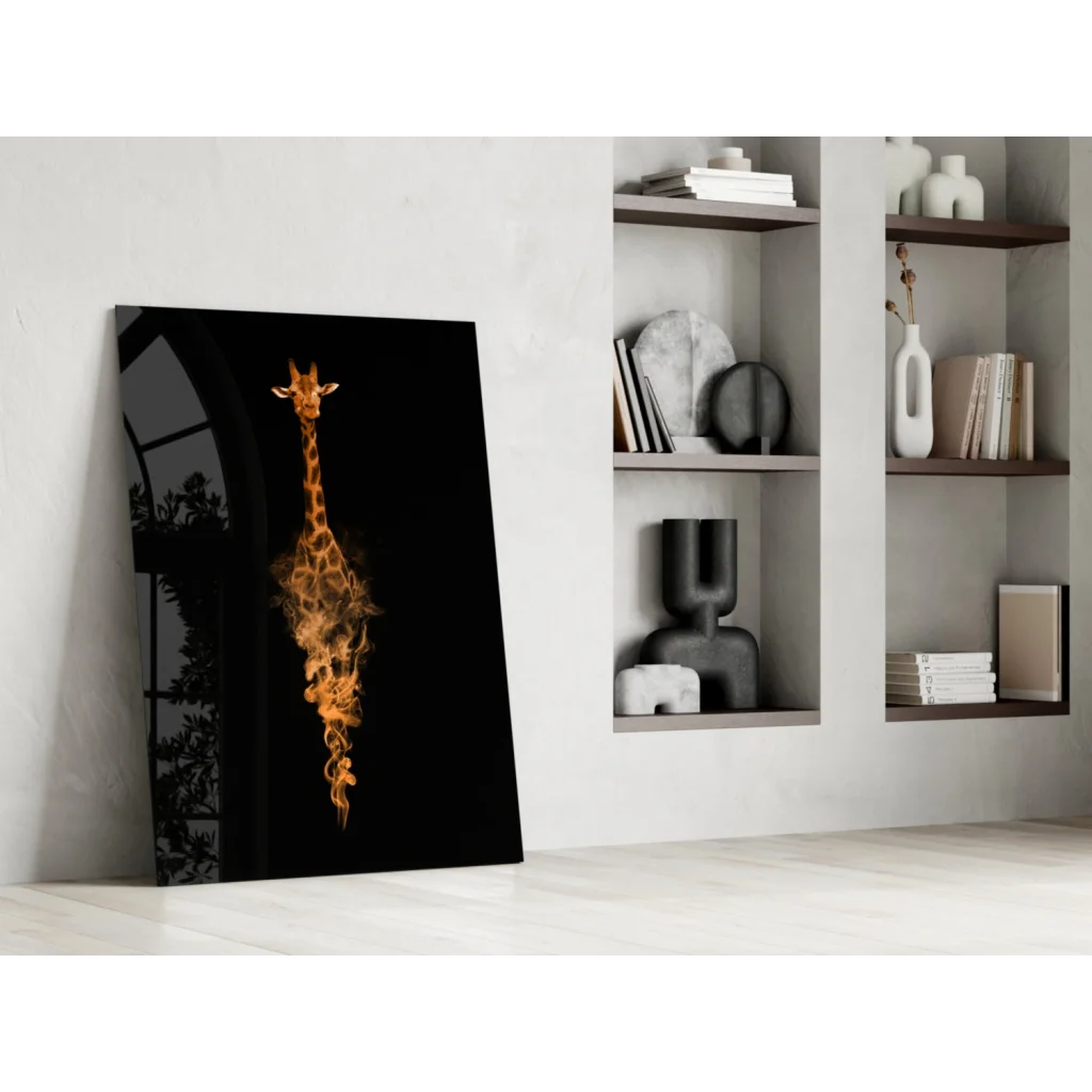 Vibrant flaming giraffe glass wall art canvas print on black canvas