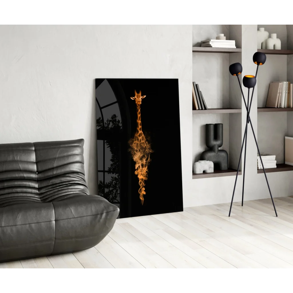 Flaming giraffe glass wall art canvas print in black frame