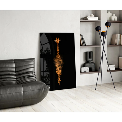Flaming giraffe glass wall art canvas print in black frame