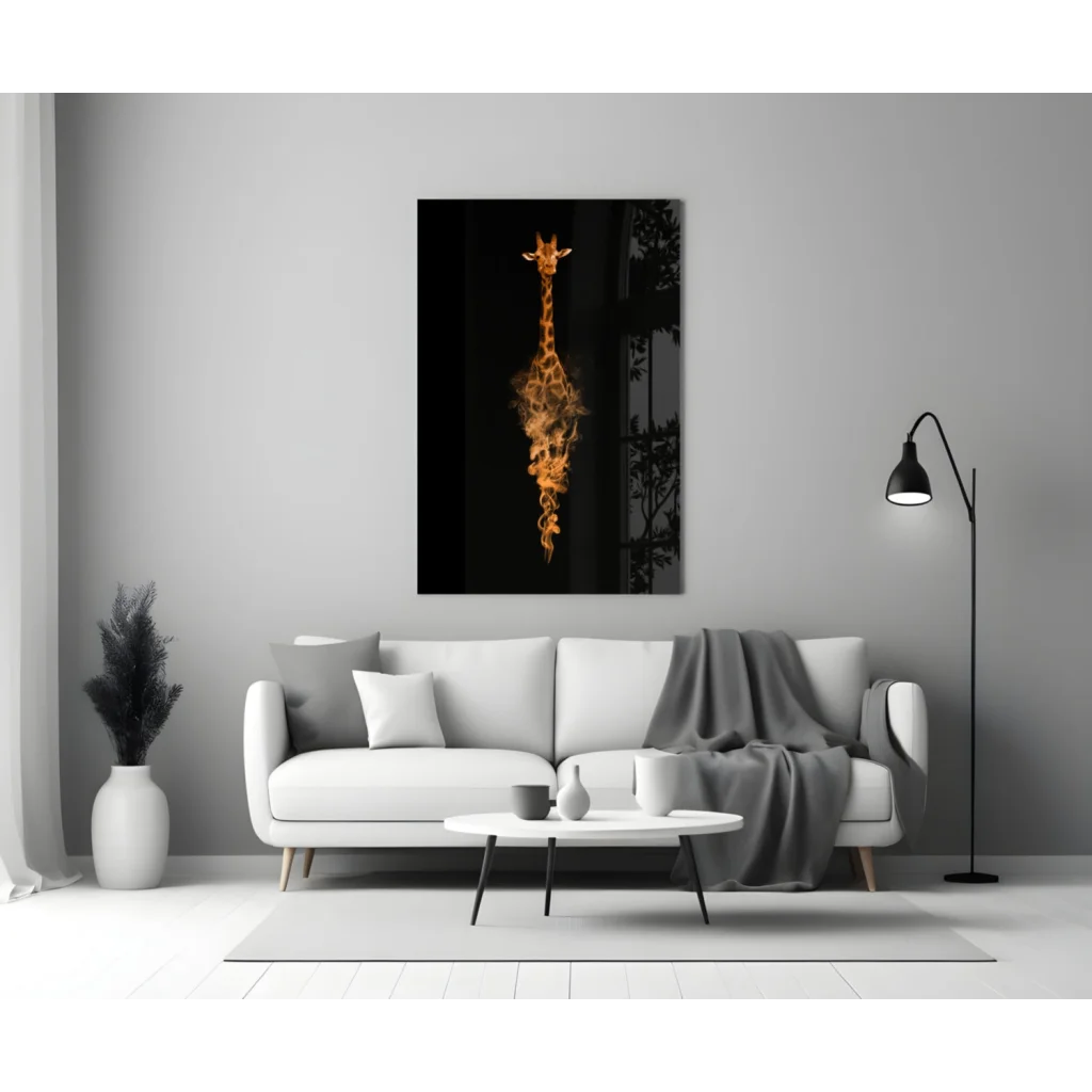 Striking black-and-orange flaming giraffe glass wall art on gray wall