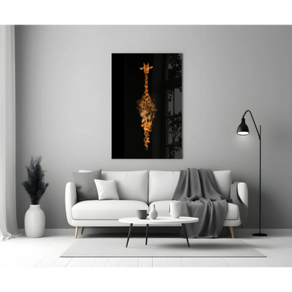 Striking black-and-orange flaming giraffe glass wall art on gray wall