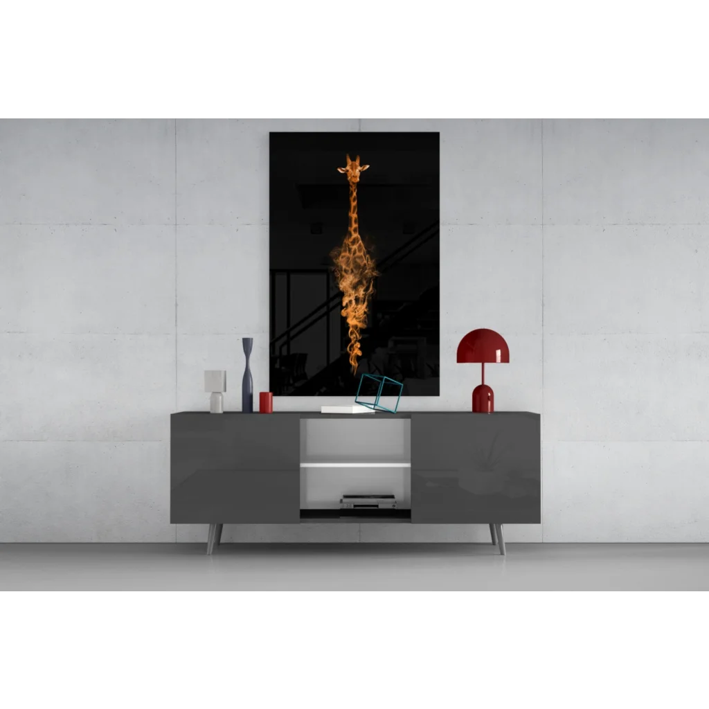 Striking black-and-orange flaming giraffe glass wall art on gray console