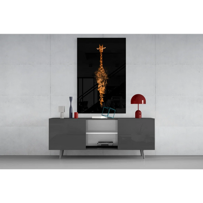 Striking black-and-orange flaming giraffe glass wall art on gray console