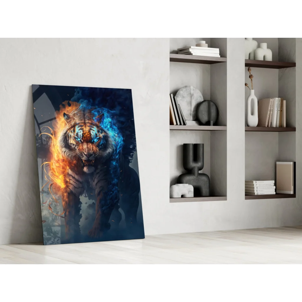 Fiery tiger glass wall art with orange flames and icy blue energy
