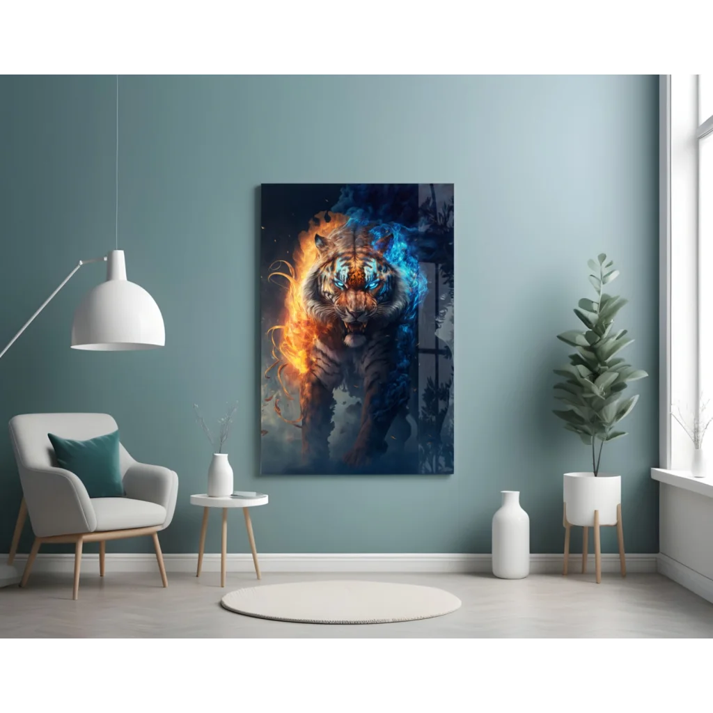 Fiery tiger glass wall art with orange flames and blue icy energy