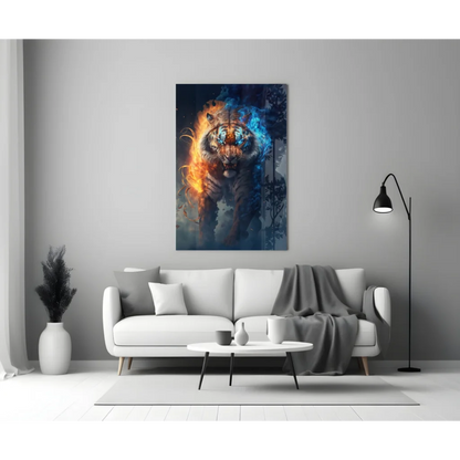 Fiery tiger glass wall art with orange and blue flames