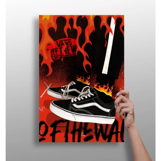 Black and white Vans sneakers with flame design on canvas wall art