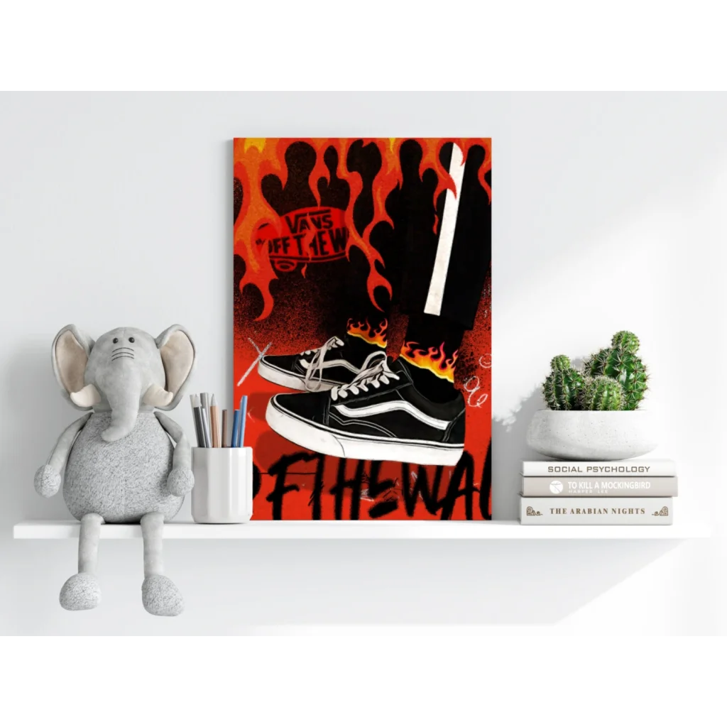 Flaming Vans sneakers canvas print with orange background