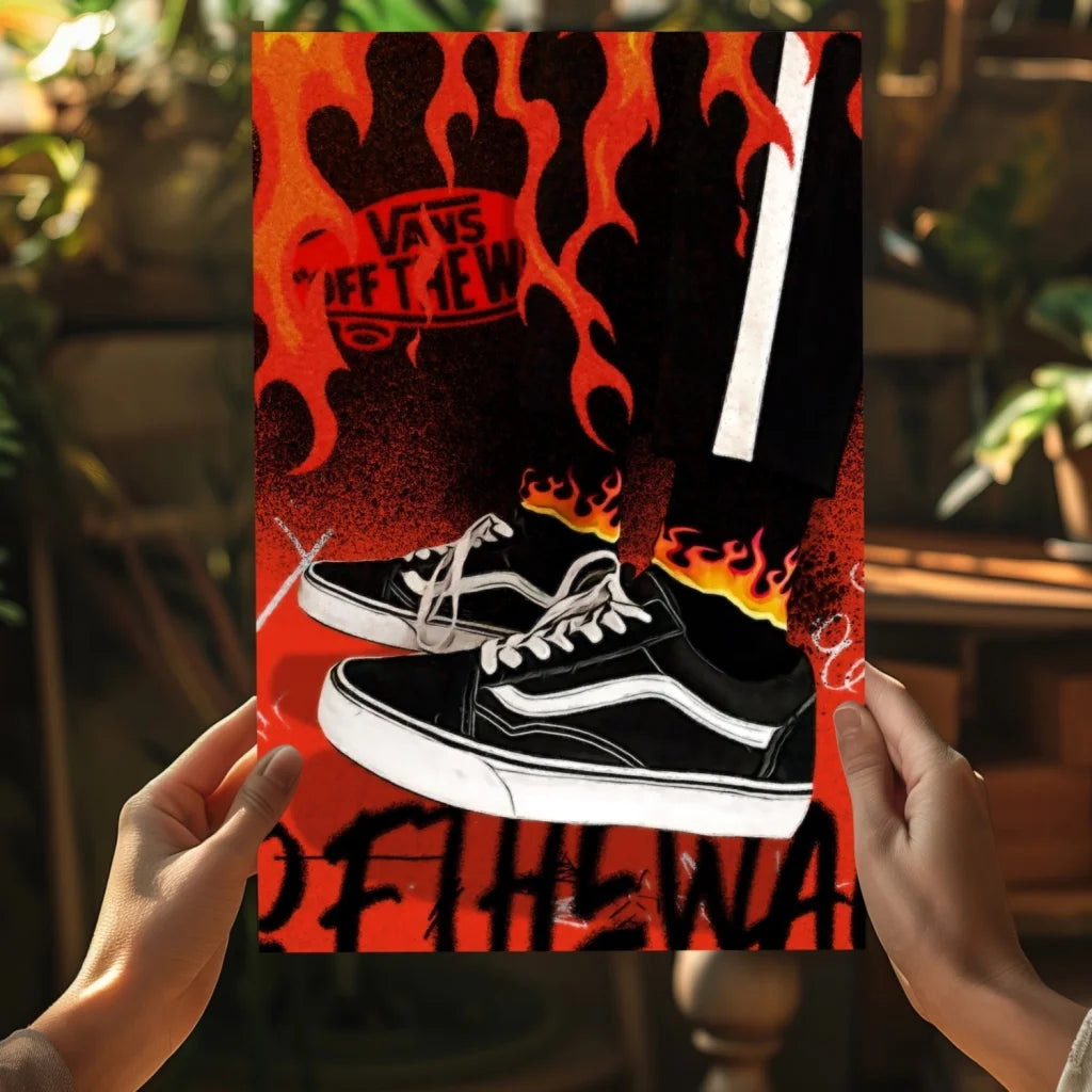 Black and white Vans skate shoes with flame design on red background wall art