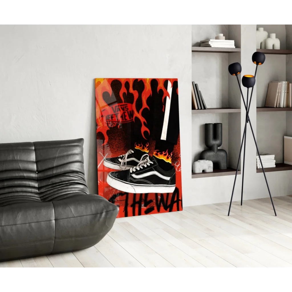 Flaming Vans Old Skool sneakers on orange black flame glass wall art