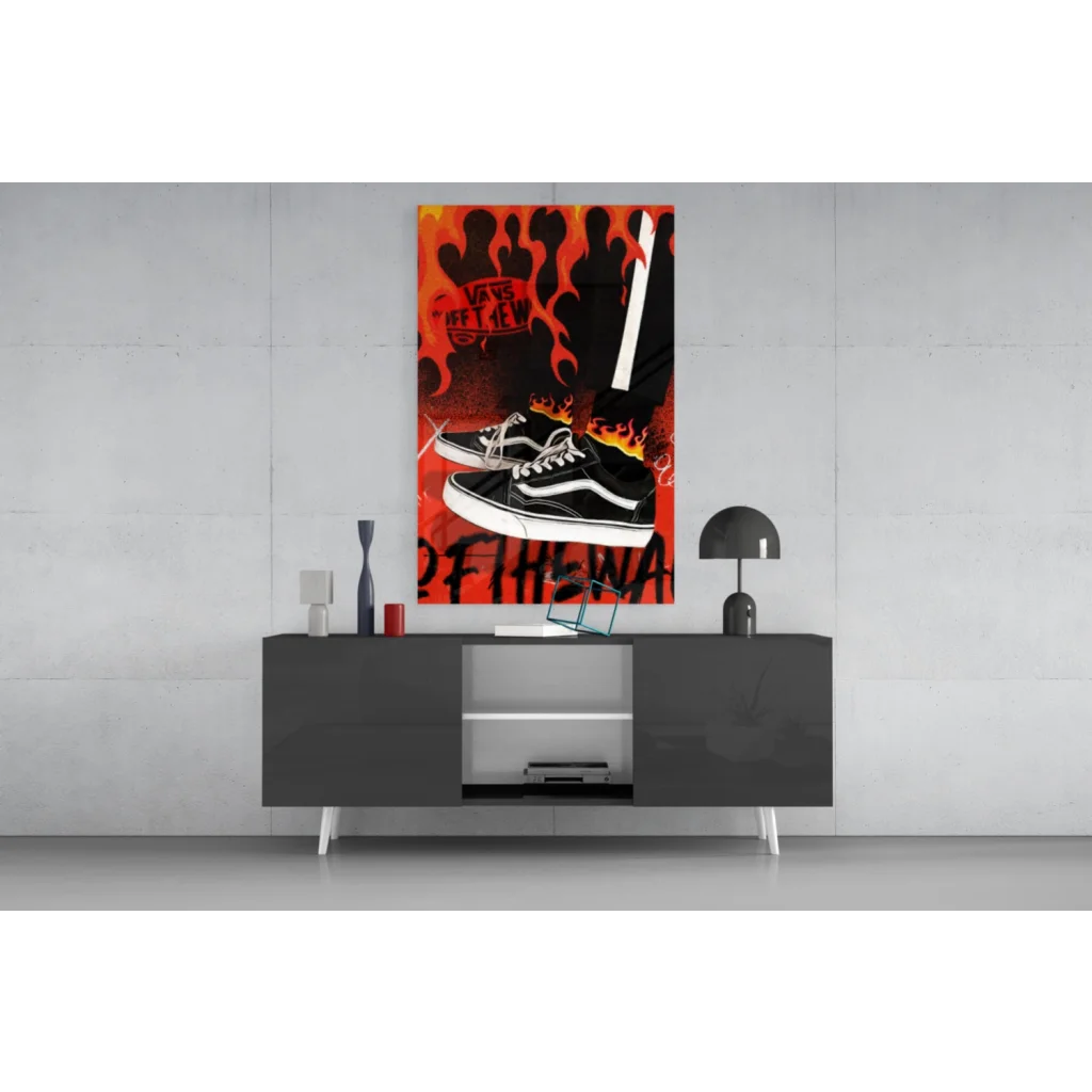 Fiery orange black and white Vans Old Skool sneakers glass wall art