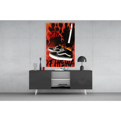 Fiery orange black and white Vans Old Skool sneakers glass wall art