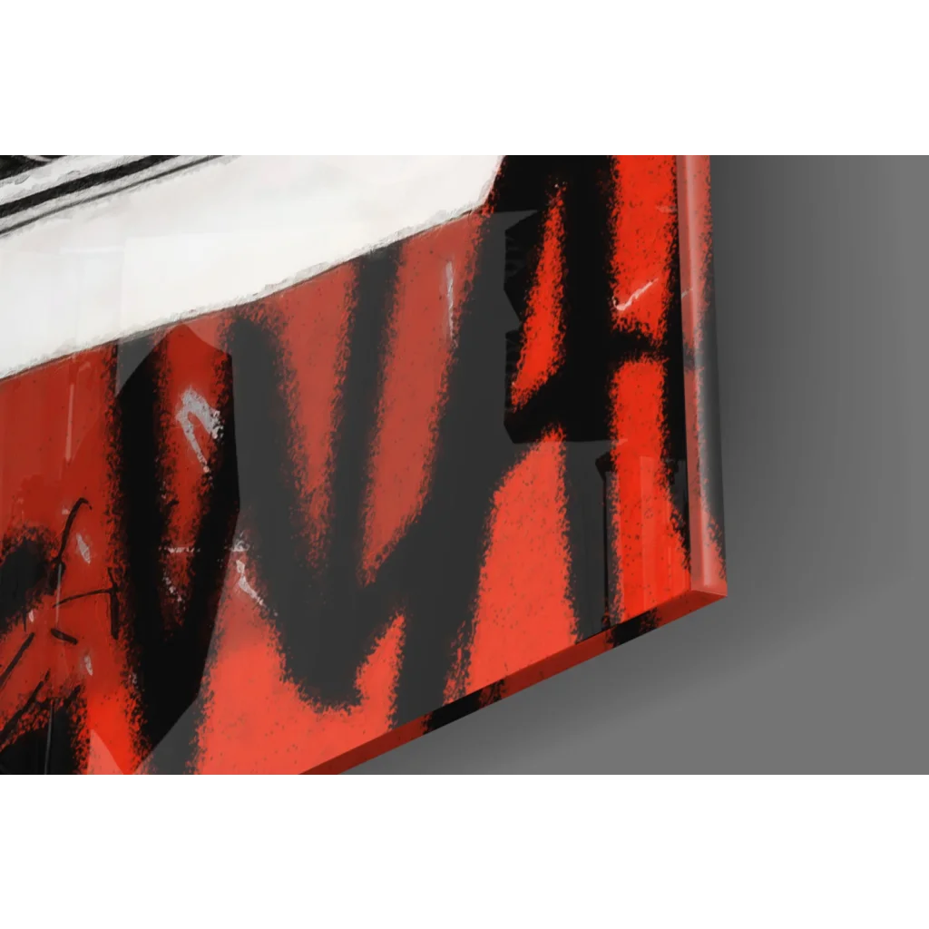 Red black graffiti on glossy glass wall art, Flaming Vans Sneakers