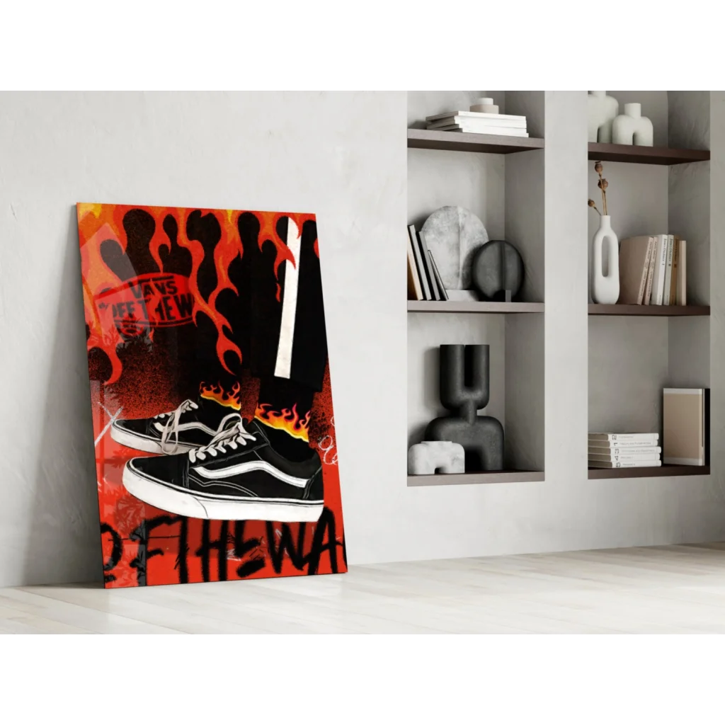 Flaming Vans sneakers glass wall art with orange flames and black shoes