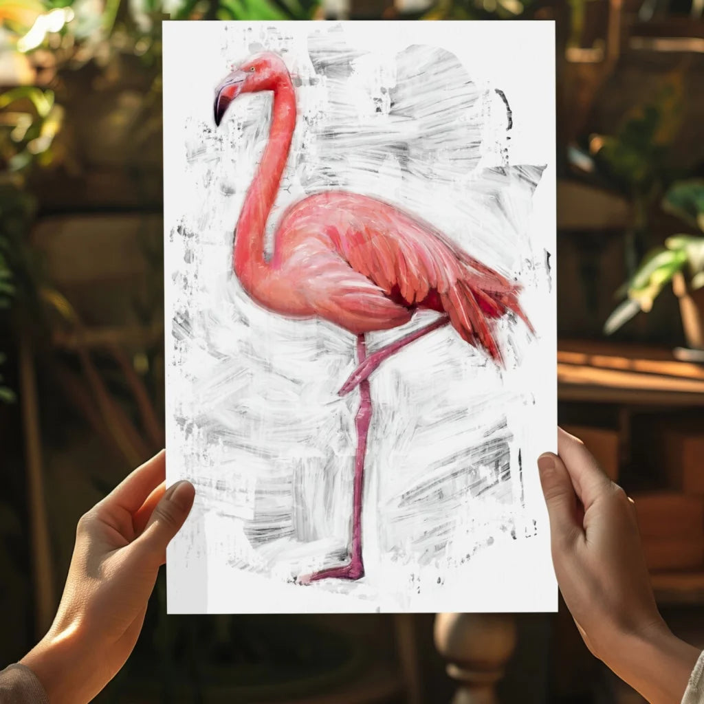 Vibrant pink flamingo on textured gray canvas, stunning Insigne aluminum print