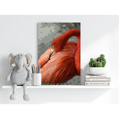 Vibrant red flamingo painting on gray textured canvas as insigne aluminum print