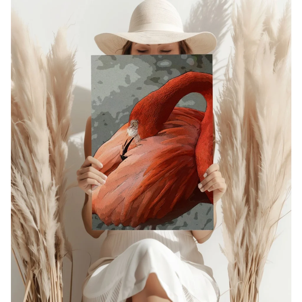 Vibrant red flamingo insigne aluminum print with detailed feathers on gray abstract background