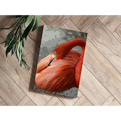 Vibrant red flamingo on textured gray canvas, insigne aluminum print on wood floor