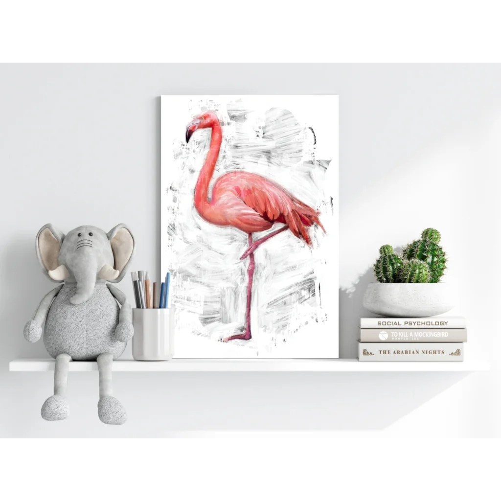 Vibrant pink flamingo on insigne aluminum prints with gray abstract background