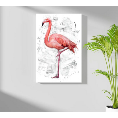Vibrant pink flamingo on insigne aluminum prints with gray brushstrokes