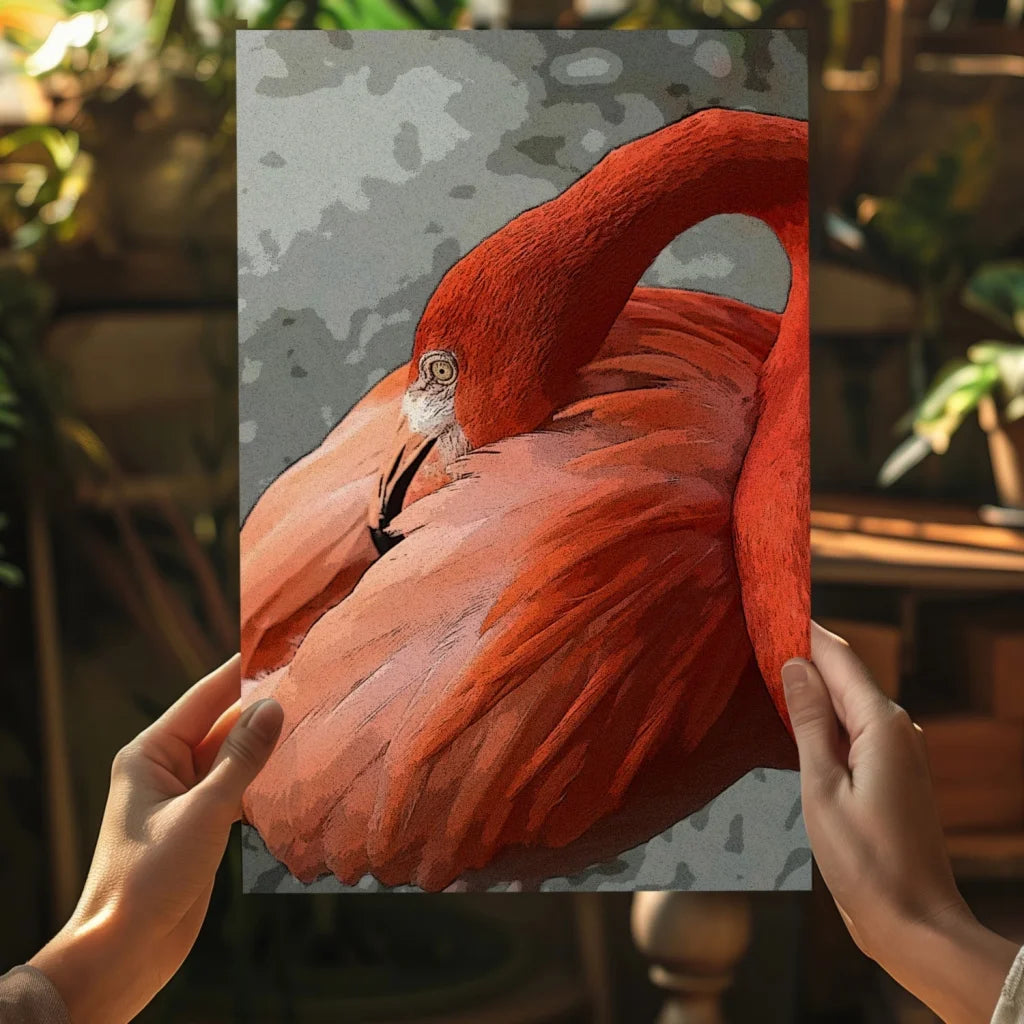 Vibrant red flamingo insigne aluminum print with detailed feathers