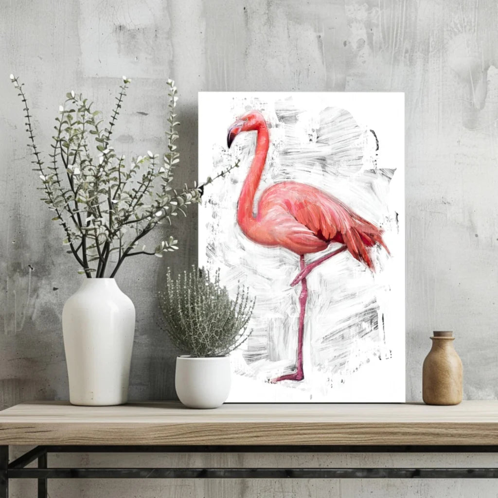 Vibrant pink flamingo on white canvas with gray brushstrokes, insigne aluminum print