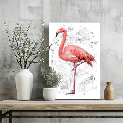 Vibrant pink flamingo on white canvas with gray brushstrokes, insigne aluminum print