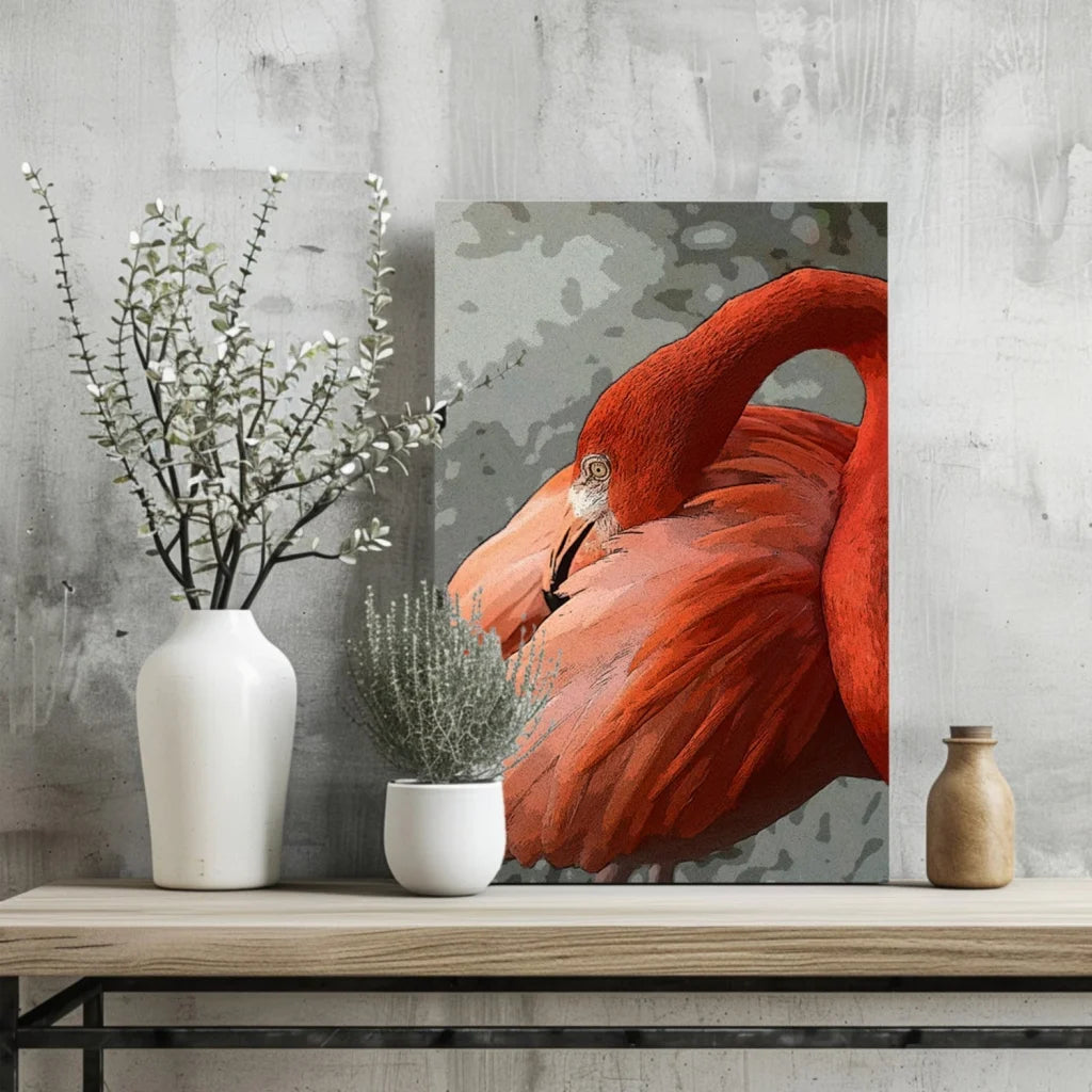 Vibrant red flamingo insigne aluminum print with textured brushstrokes
