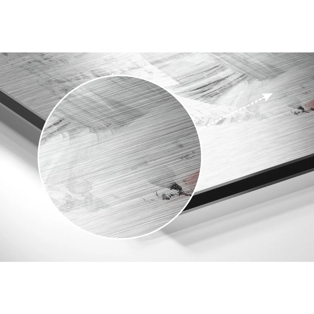 Sleek brushed aluminium dibond abstract wall art in gray tones with red streaks