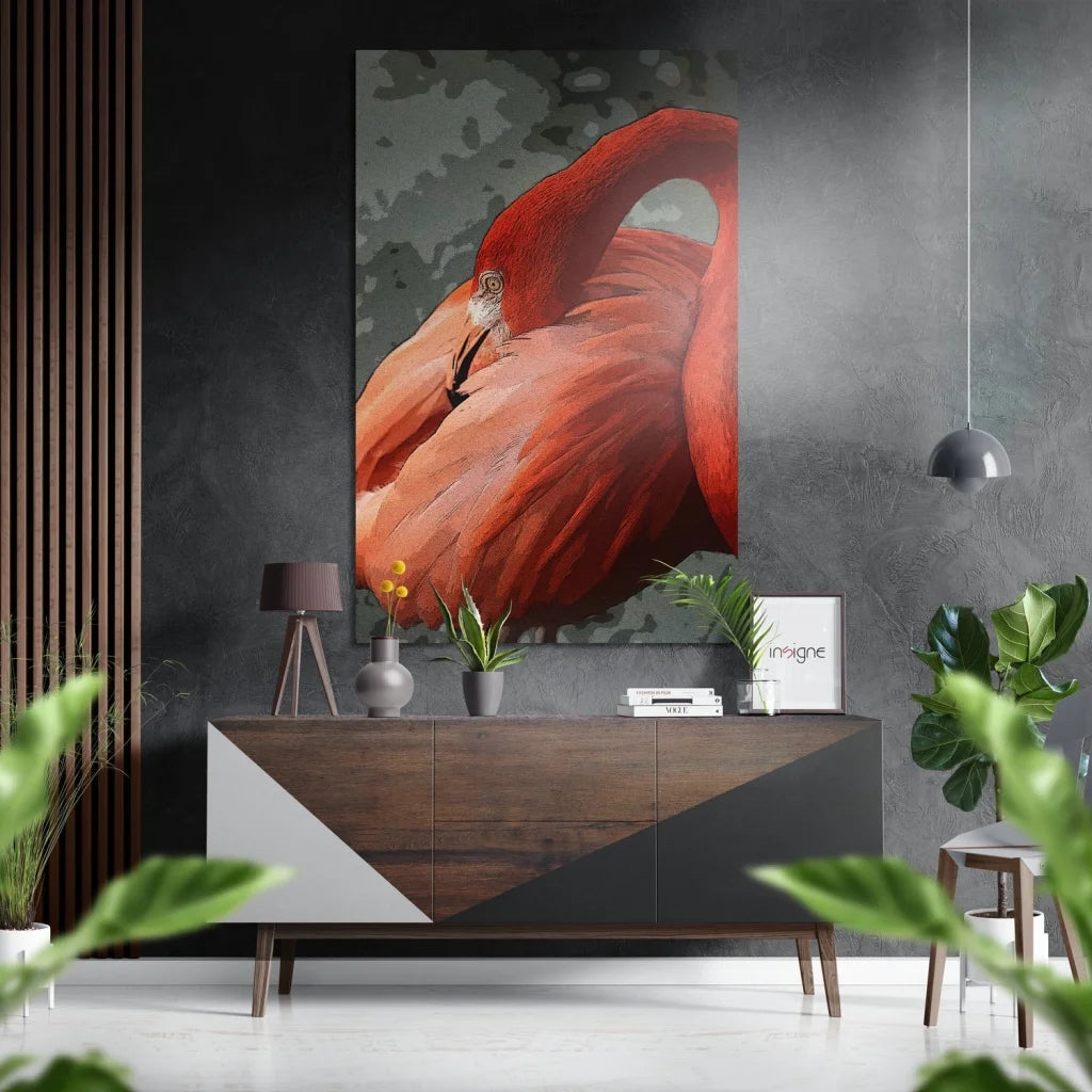 Vibrant red flamingo on brushed aluminium dibond wall art print
