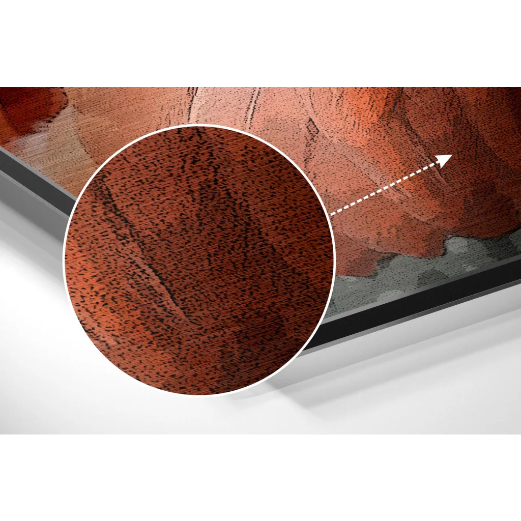 Rich reddish-brown wood-grain on brushed aluminium dibond wall art print