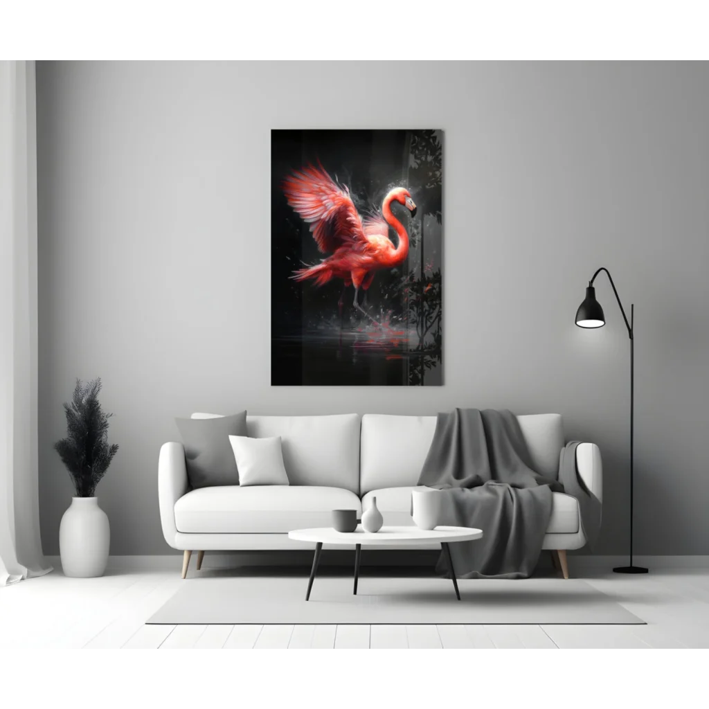 Vibrant pink flamingo glass wall art with dynamic wings on black canvas