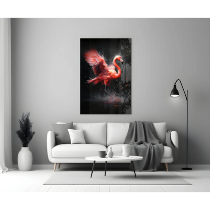 Vibrant pink flamingo glass wall art with dynamic wings on black canvas