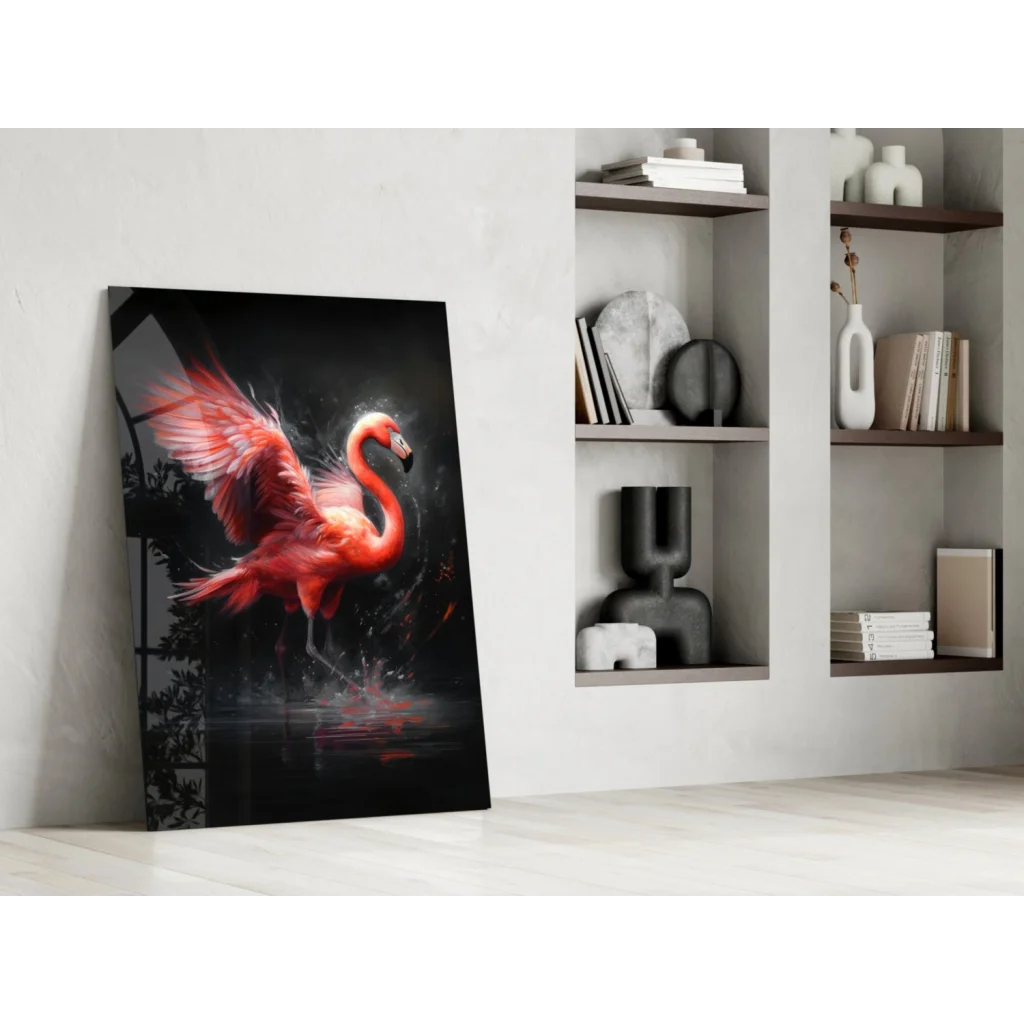 Stunning pink flamingo glass wall art on black canvas