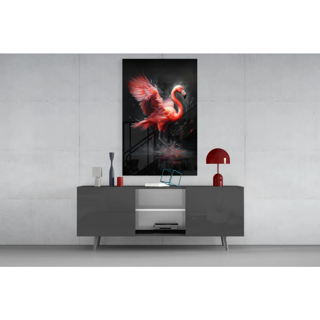 Vibrant pink flamingo glass wall art on black canvas above gray console