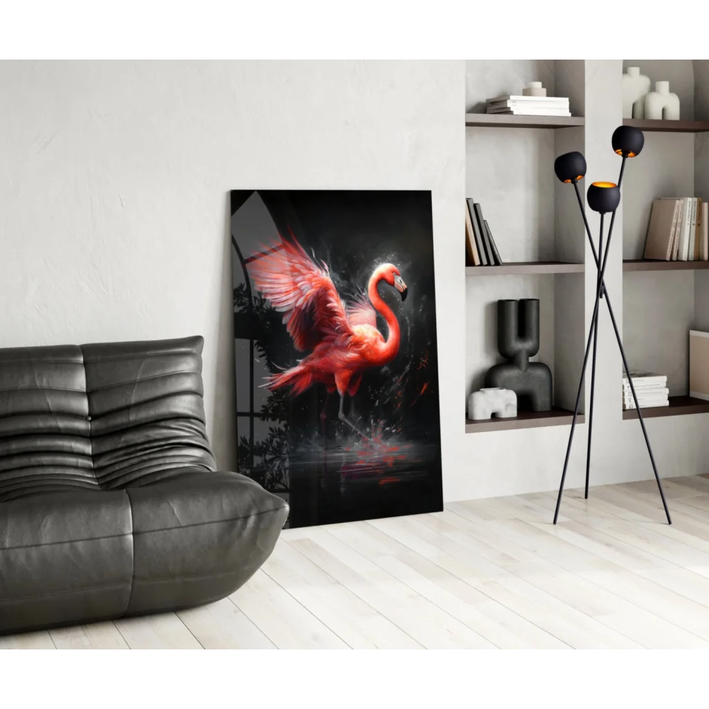 Stunning pink flamingo glass wall art on black canvas with vibrant red motion and water effects