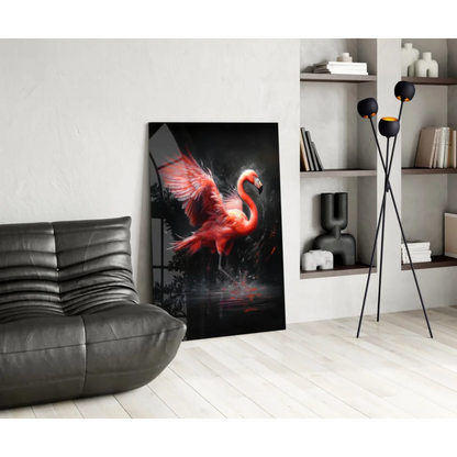Stunning pink flamingo glass wall art on black canvas with vibrant red motion and water effects