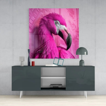 Stunning pink flamingo tempered glass art on gray console