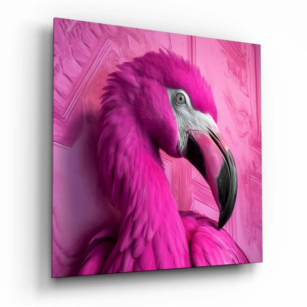 Stunning pink flamingo tempered glass art portrait on canvas