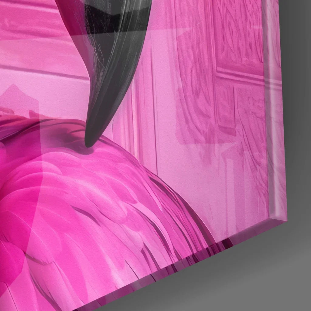 Vibrant pink flamingo tempered glass art with glossy beak and feather details