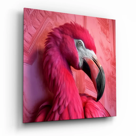 Vibrant pink flamingo portrait on tempered glass art canvas