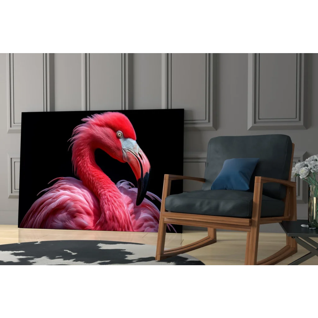 Vibrant pink flamingo glass wall art portrait on black canvas