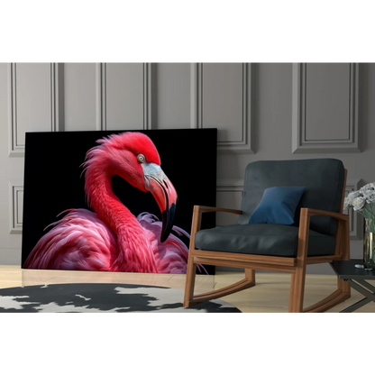 Vibrant pink flamingo glass wall art portrait on black canvas