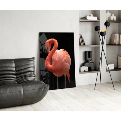 Stunning pink flamingo glass wall art on black canvas